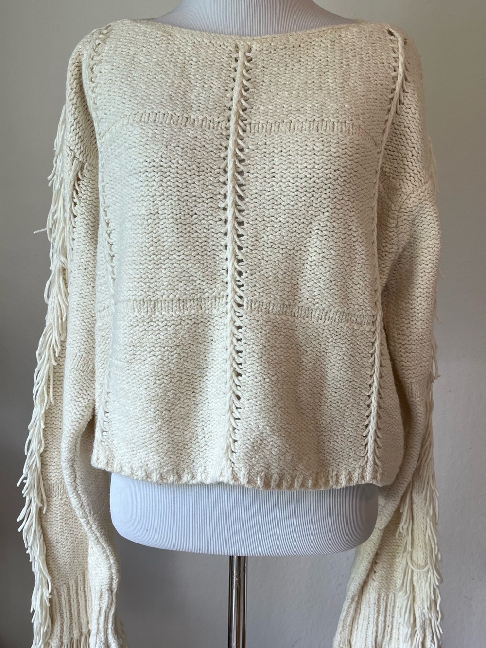 3.1 Phillip Lim Fringe Crop Sweater Ivory Knit Size L